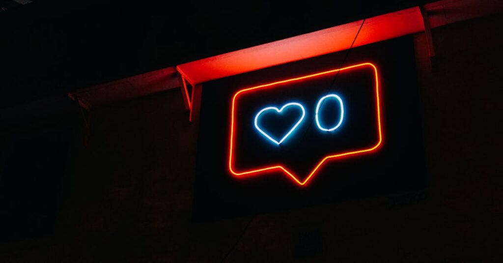 Bright neon heart icon with zero likes, symbolizing social media engagement.